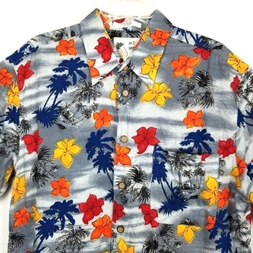 M E Sport Mens Hawaiian Button Up Shirt Palm Trees Flowers Multi Size Large - Picture 3 of 8